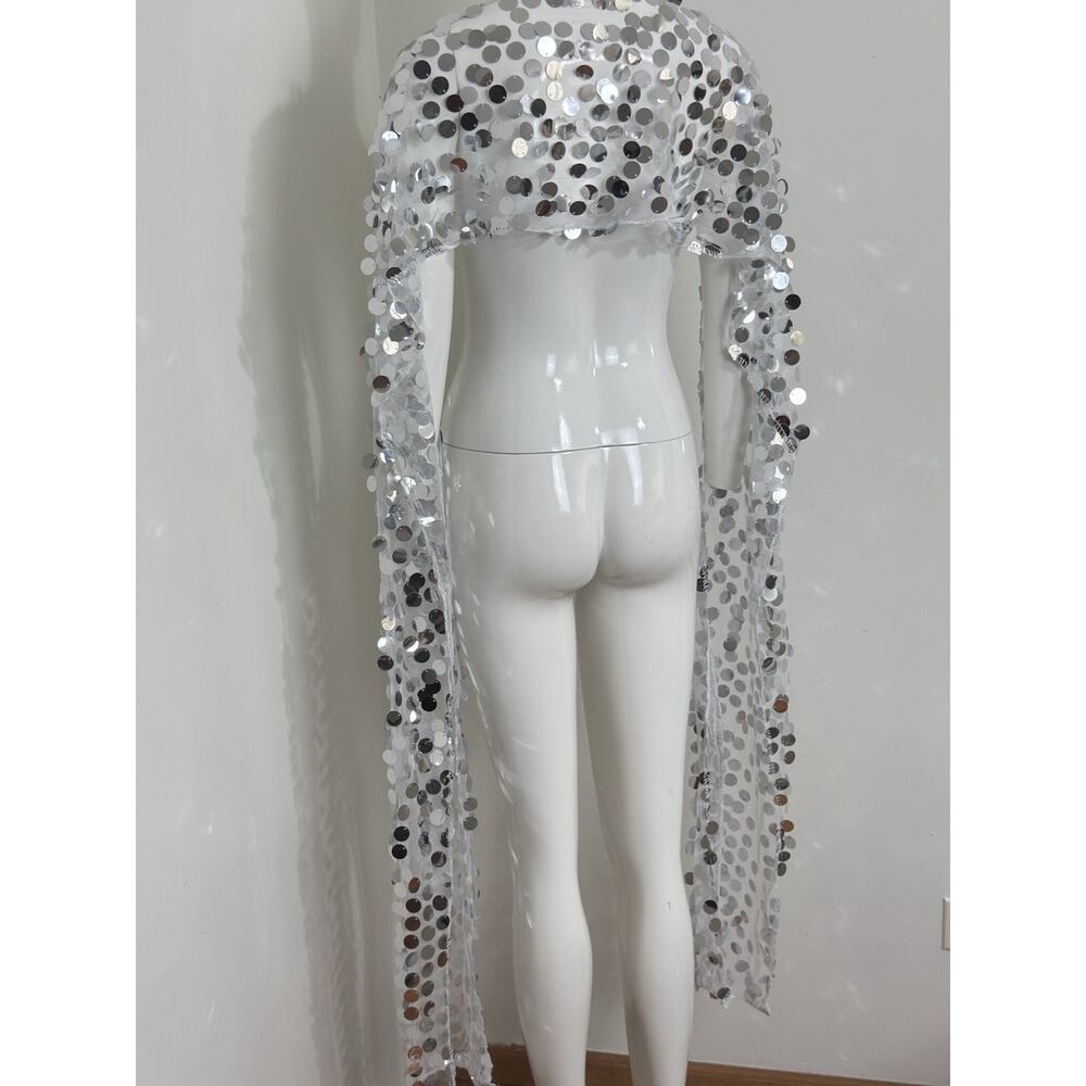 Sparkly Silver Sequin Rectangle Wrap Scarf Coachella Burning Man Festival Outfit - Picture 5 of 8